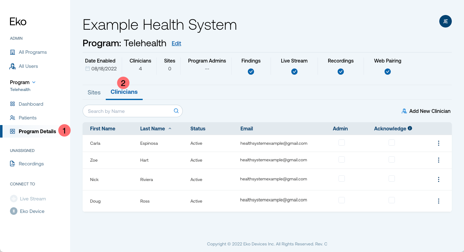 The Program Details screen with a number 1 bubble pointing to Program Details in the navigation menu and a number 2 bubble pointing to the Clinicians tab.