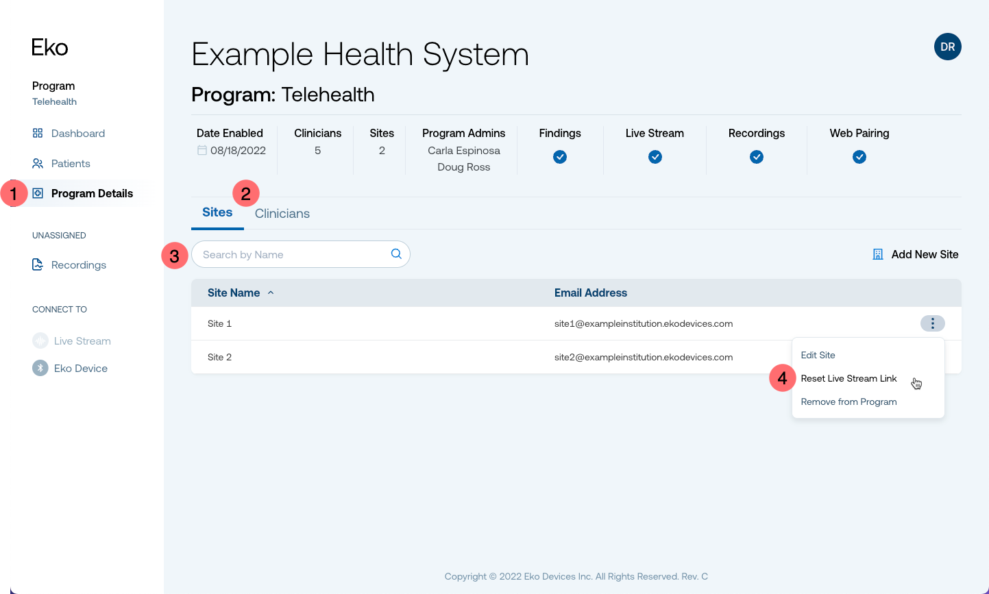 The Program Details screen with a number 1 bubble pointing to Program Details in the navigation menu, a number 2 bubble pointing to the Sites tab, a number 3 bubble pointing to the search field, and a number 4 bubble pointing to the Reset Live Stream Link menu item.