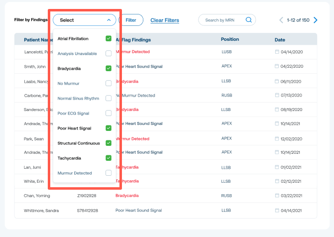 The Analysis Metrics screen with the Filter by Findings drop-down menu highlighted.