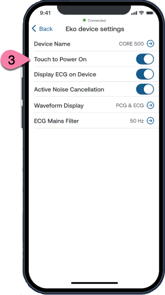 Eko App_CORE 500 Settings Touch to power on.png