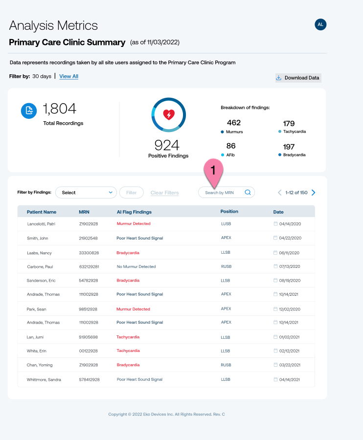 [en] The Analysis Metrics screen with a number 1 bubble pointing to the Search by MRN search box.